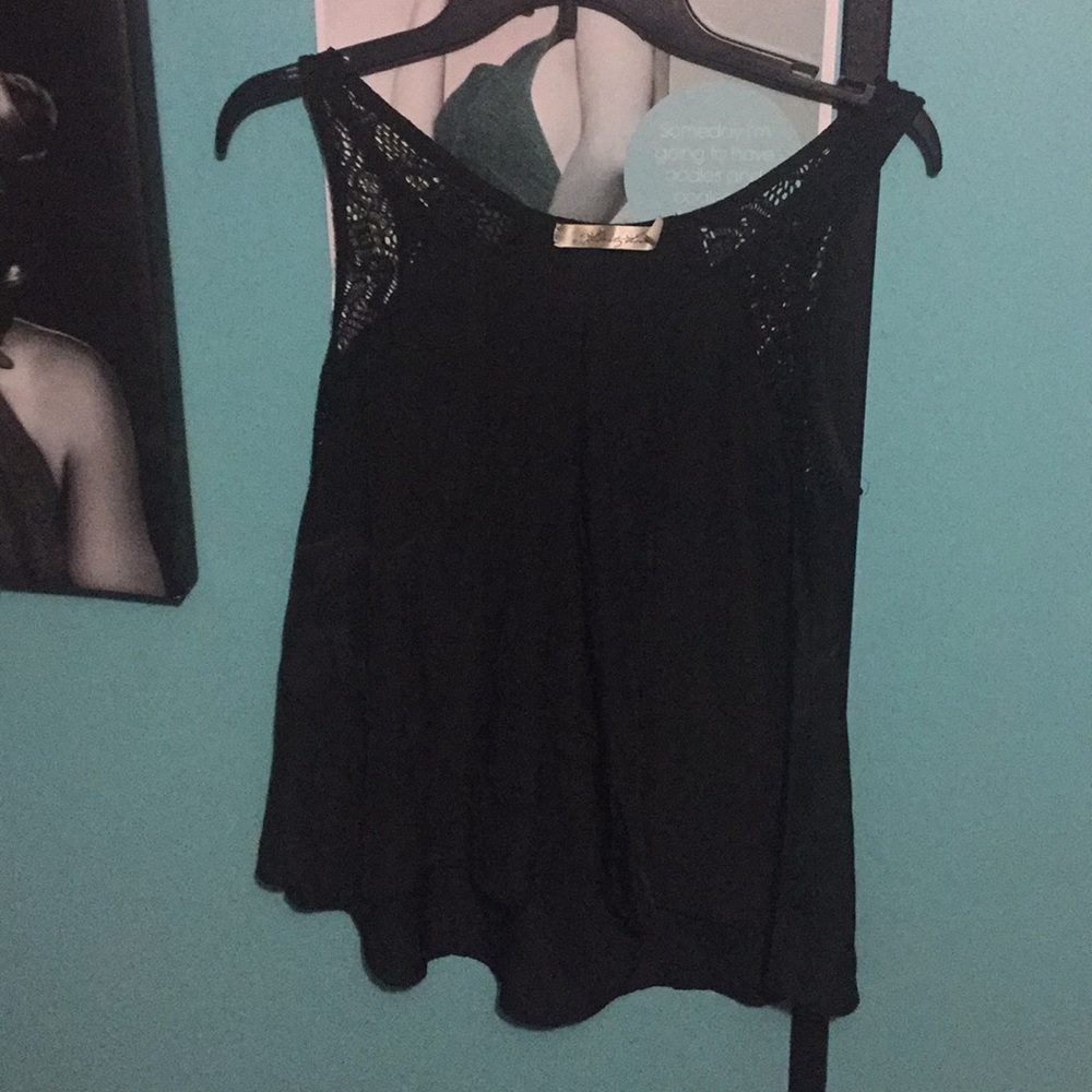 Black, Lace-sleeved tank top.